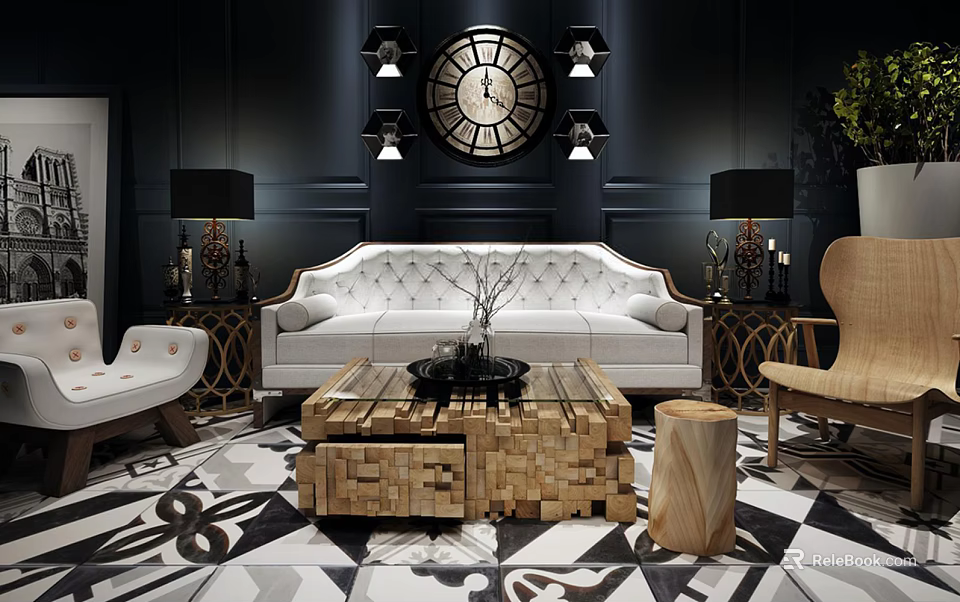 Elegant White Sofa With Wooden Patchwork Coffee Table In Modern Living Room Interior 3d model