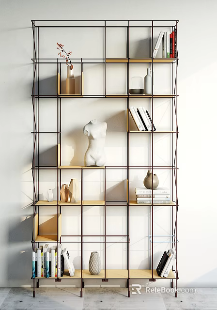 Modern Metal Frame Bookcase With Wooden Shelves White Sculpture Vases And Stacked Books 3d model 
