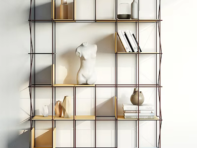 Modern Metal Frame Bookcase With Wooden Shelves White Sculpture Vases And Stacked Books 3d model