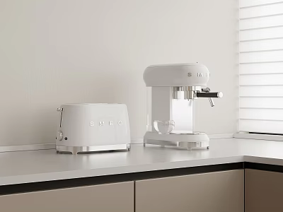 Sleek White Kitchen Appliances Toaster And Coffee Machine On Countertop With Cabinets 3d model