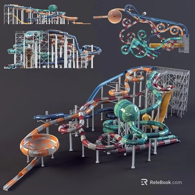 Water Park Amusement Rides with Colorful Slides Metal Frame And Multi Lane Design 3d model 