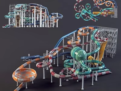 Water Park Amusement Rides with Colorful Slides Metal Frame And Multi Lane Design 3d model