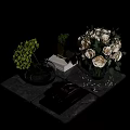 Decorative Ornament Set with White Roses Green Plants Book Silver Car on Black Marble Trays