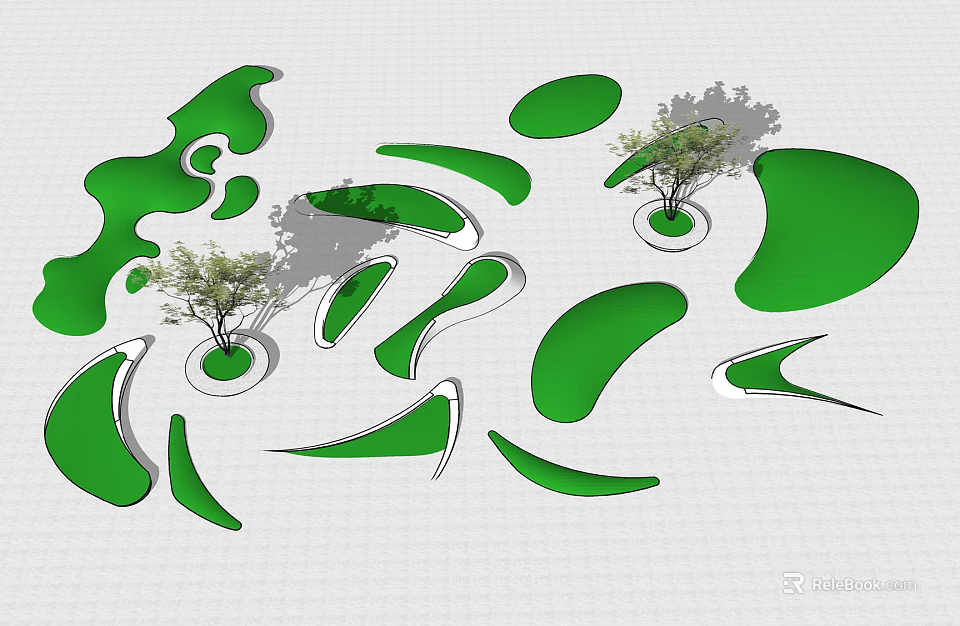 Creative Tree Pits Design with Irregular Green Areas and Small Trees in Urban Landscape 3d model 