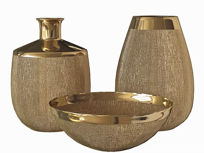 Elegant Gold Textured Decorative Ornament Set with Vases and Bowl for Home Decor 3d model