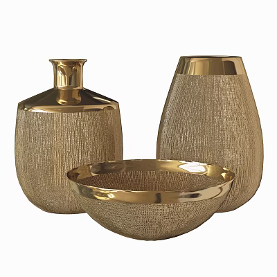Elegant Gold Textured Decorative Ornament Set with Vases and Bowl for Home Decor 3d model