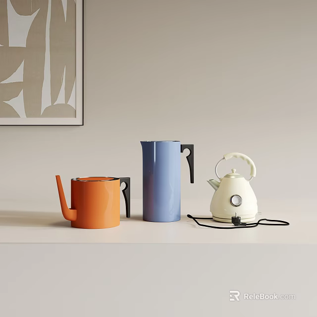 Stylish Kitchen Appliances Featuring Orange Coffee Pot Blue Kettle and White Electric Kettle on Countertop 3d model 