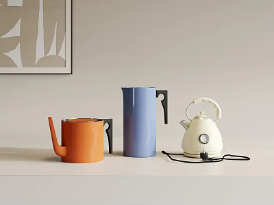 Stylish Kitchen Appliances Featuring Orange Coffee Pot Blue Kettle and White Electric Kettle on Countertop 3d model