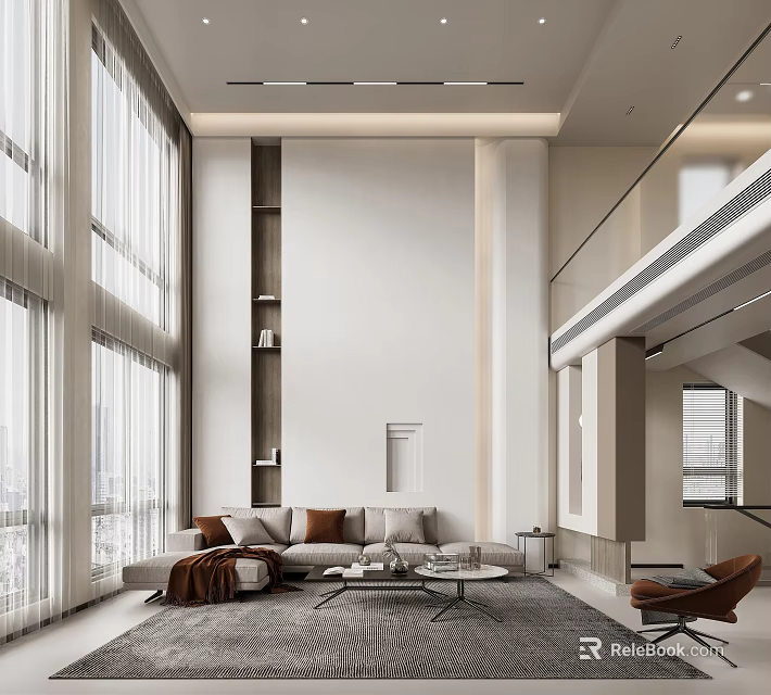 Spacious Modern Duplex Living Room Interior Design With Large Windows Sofa And Coffee Table 3d model