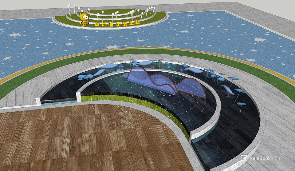 Modern Circular Fountain Design With Blue Paving And Surrounding Lighting In Plaza Area 3d model 