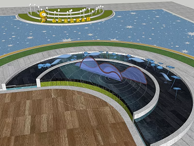 Modern Circular Fountain Design With Blue Paving And Surrounding Lighting In Plaza Area 3d model