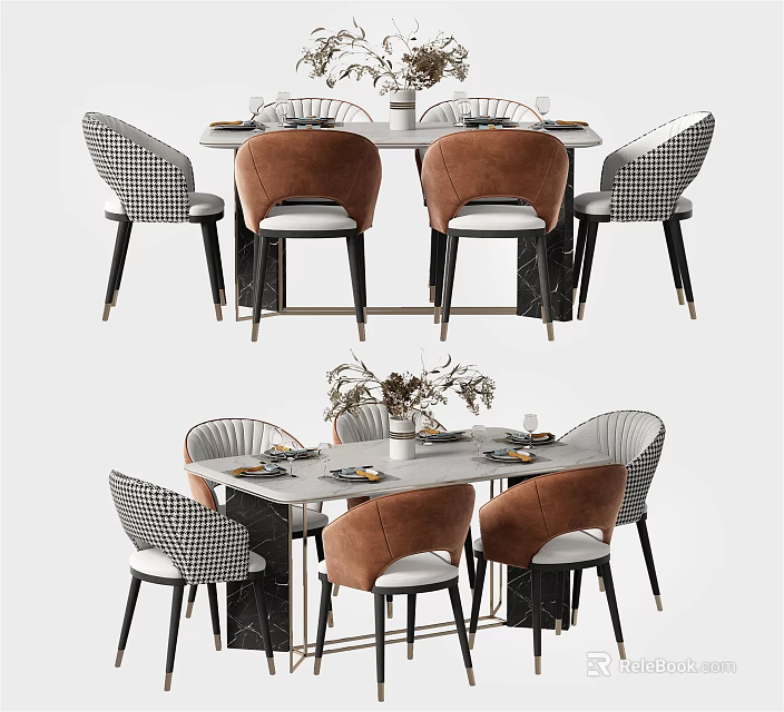 Modern Dining Table Set With Marble Top And Brown Upholstered Checkered Pattern Chairs 3d model
