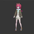 Cute Anime Girl Character With Pink Twin Tails Cat Ears And Hooded Jacket Outfit