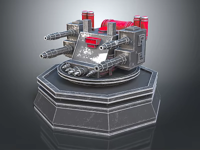 Mechanical Turret Model With Multiple Barrels Red Components And Metal Base 3d model