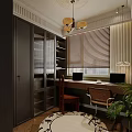 Modern Study Room Interior With Dark Cabinets Bookshelves Chandelier And Laptop On Desk