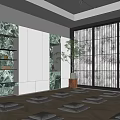 Serene Lounge Room Interior With Marble Walls Open Shelves Wooden Flooring And Floor Mats