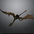 3D Rendered Dragon with Spread Wings Red Eyes Green Body Orange Wings on Gray Background