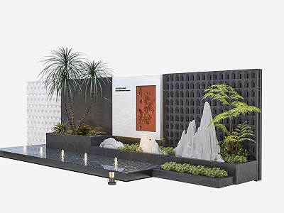 Black Grid Feature Wall With Red Decorative Painting Mountain Shaped Stones Water Jets And Plants 3d model