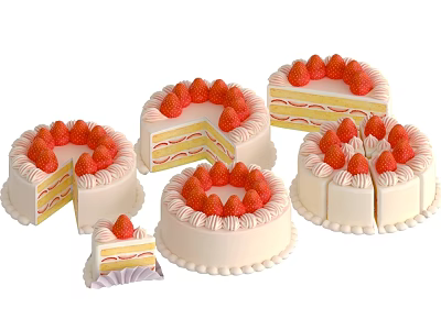 Delicious Fresh Strawberry Decorated Cakes with Creamy Layers Sliced and Whole 3d model