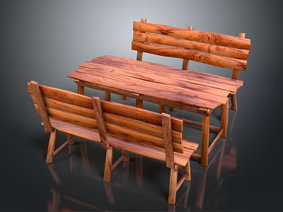Rustic Wooden Furniture Set With Rectangular Table And Two Long Benches 3d model