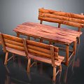 Rustic Wooden Furniture Set With Rectangular Table And Two Long Benches 3d model