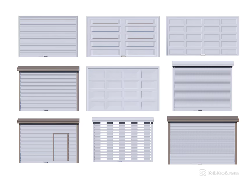 Different Styles of Garage Doors Featuring Roller Slatted and Panel Designs 3d model 