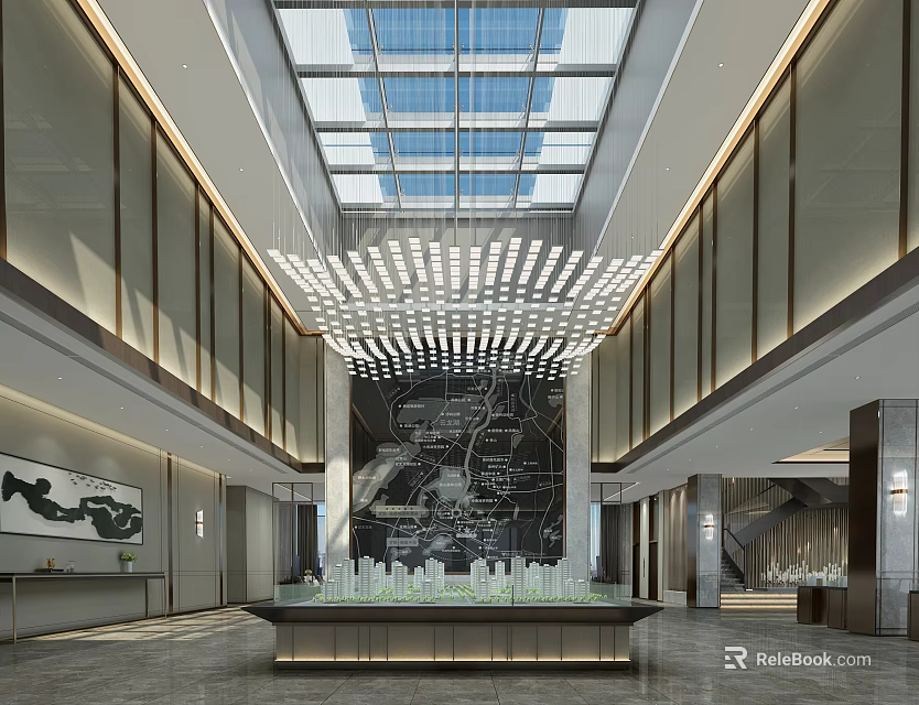 Modern Sales Office Lobby With Glass Ceiling Model Display And Art Wall 3d model 