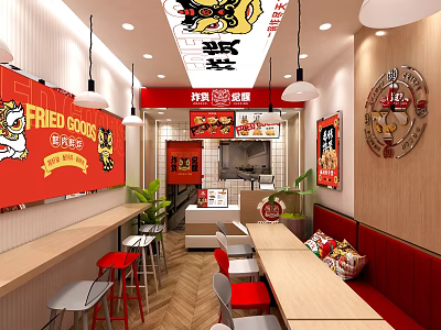 Fried Chicken Mall Store With Modern Red Yellow Decor And Seating Area Tables Chairs 3d model