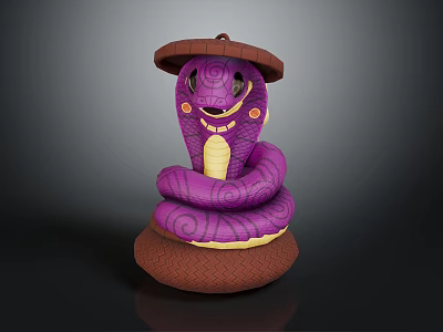 Cute Purple Snake Character Wearing Brown Hat With Coiled Body Yellow Belly And Smiling Face 3d model