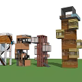 Modern Stacked Tower Architectural Design With Wooden Metal Modules Balconies Terraces Green Grass Blue Sky