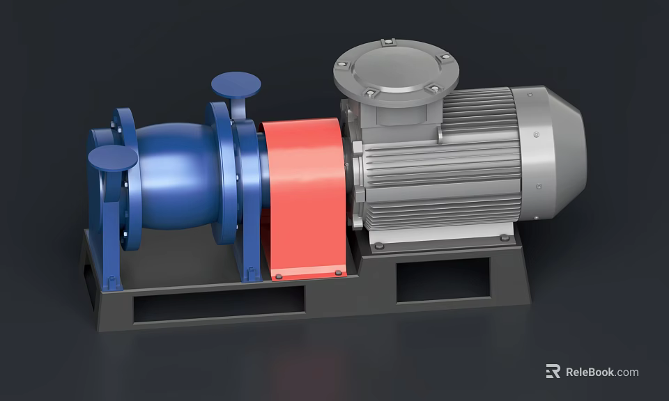 Industrial Pump With Electric Motor Blue Red Components On Base Frame 3d model 