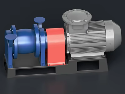 Industrial Pump With Electric Motor Blue Red Components On Base Frame 3d model