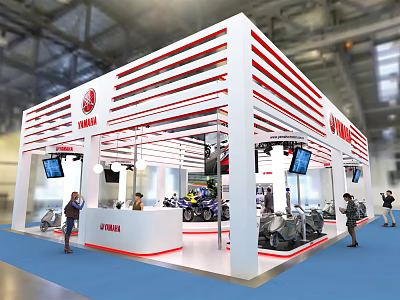 YAMAHA Exhibition Booth With White Red Striped Design And Displayed Motorcycles Screens 3d model