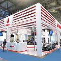 YAMAHA Exhibition Booth With White Red Striped Design And Displayed Motorcycles Screens