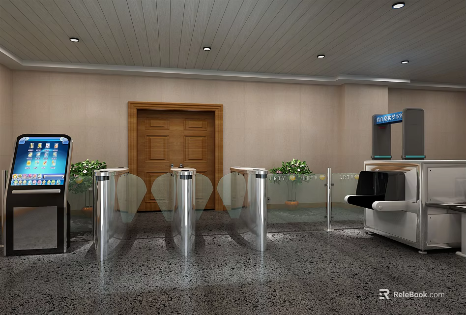 Public Facility Entrance With Turnstiles Wooden Door Digital Display Reception Desk And Potted Plants 3d model 