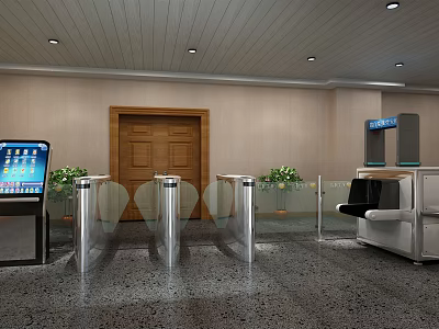 Public Facility Entrance With Turnstiles Wooden Door Digital Display Reception Desk And Potted Plants 3d model