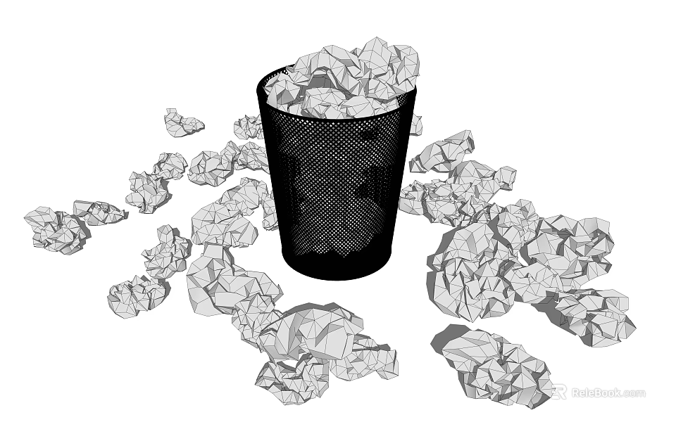 Public Facility Mesh Trash Can Surrounded by Scattered Crumpled Waste Paper 3d model 