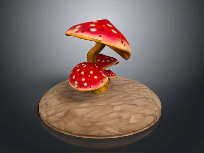 Vibrant Red Mushroom Caps with White Spots and Yellow Stems on Wooden Base 3d model