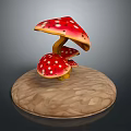 Vibrant Red Mushroom Caps with White Spots and Yellow Stems on Wooden Base