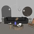 Modern Black Sofa Round Wooden Coffee Table With Armchair Chandelier And Decor On Rug