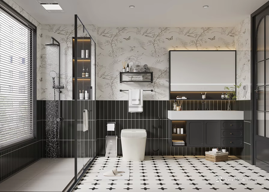 Modern Bathroom Interior With Glass Shower Marble Wall And Black White Tiles 3d model 