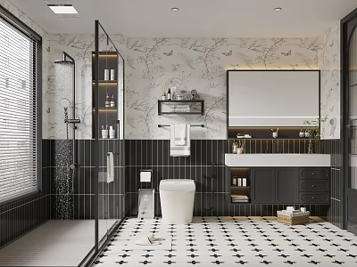 Modern Bathroom Interior With Glass Shower Marble Wall And Black White Tiles 3d model