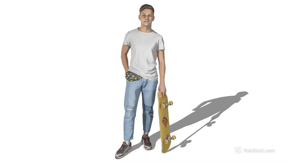 Man Standing in White Background with Gray T-Shirt Blue Jeans and Yellow Skateboard 3d model 