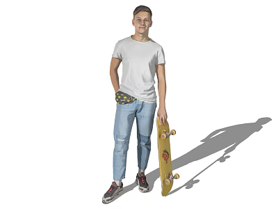 Man Standing in White Background with Gray T-Shirt Blue Jeans and Yellow Skateboard 3d model