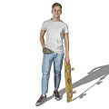Man Standing in White Background with Gray T-Shirt Blue Jeans and Yellow Skateboard
