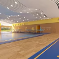 Spacious Indoor Sports Fitness Gym With Blue Mats And Balance Beams