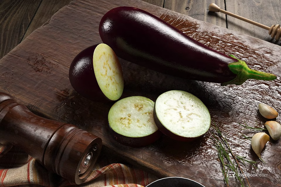 Fresh Eggplant Slices On Wooden Cutting Board With Pepper Grinder Garlic And Dill 3d model 