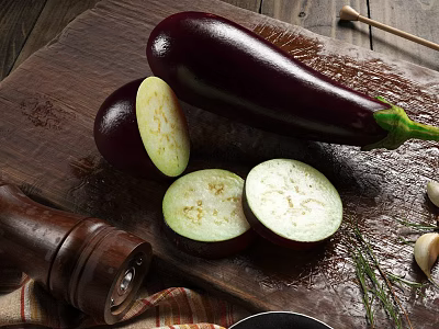 Fresh Eggplant Slices On Wooden Cutting Board With Pepper Grinder Garlic And Dill 3d model