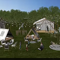 Lush Green Camping Site with Tents String Lights and Outdoor Seating for Activities