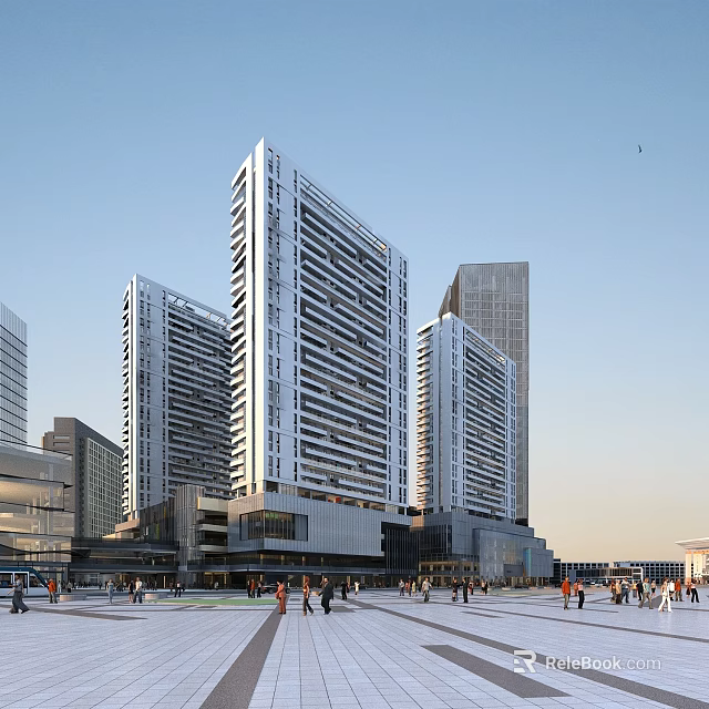 Modern Urban Commercial Street With High Rise Buildings Active Pedestrians And Open Plaza 3d model 